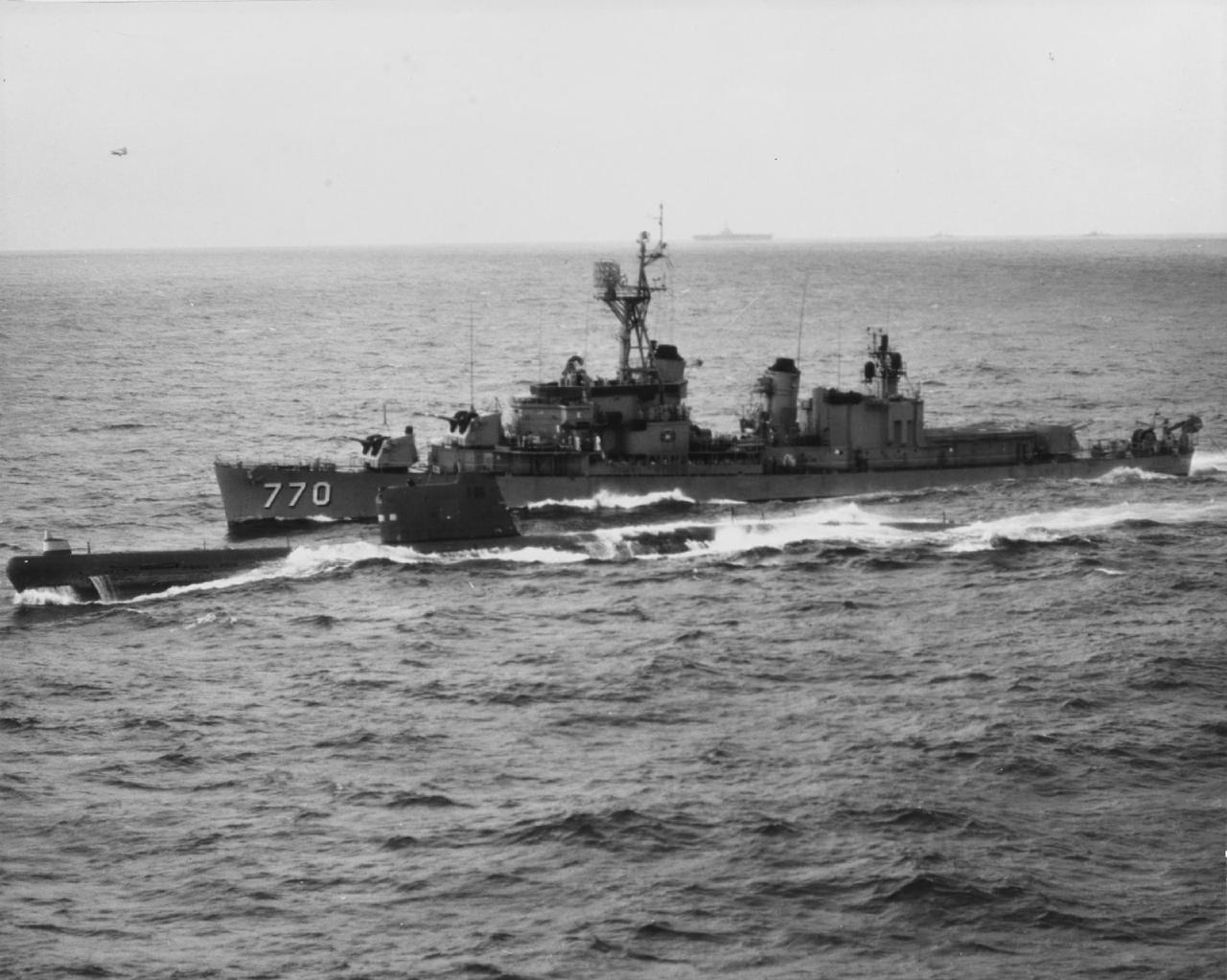 Soviet Foxtrot-class submarine B-59 on the surface, surrounded by US Navy vessels, Caribbean Sea, October 1962